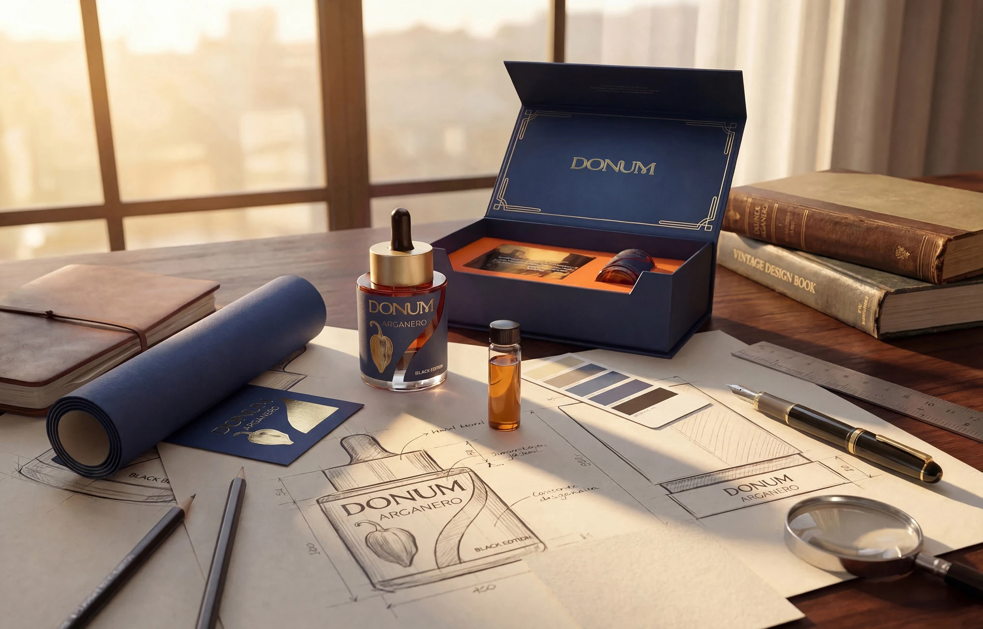 Eine DONUM Edition wird kuratiert, Schreibtisch mit Entwürfen, Box und Details